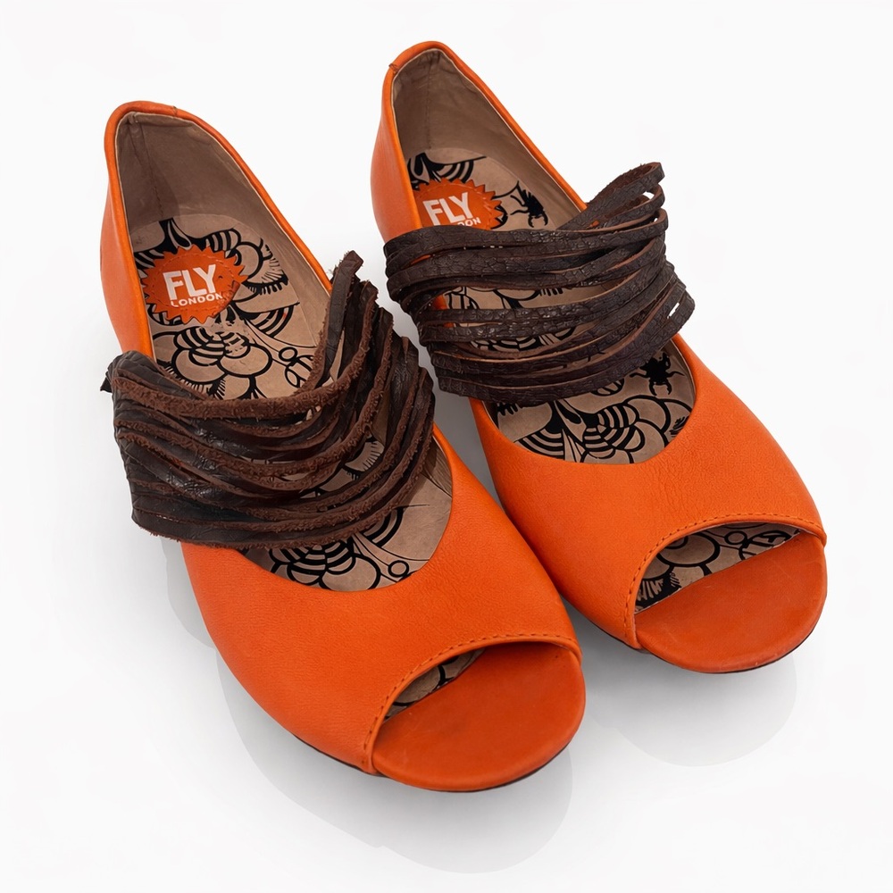 FLY LONDON Orange Leather Peep Toe Wedge Sandals